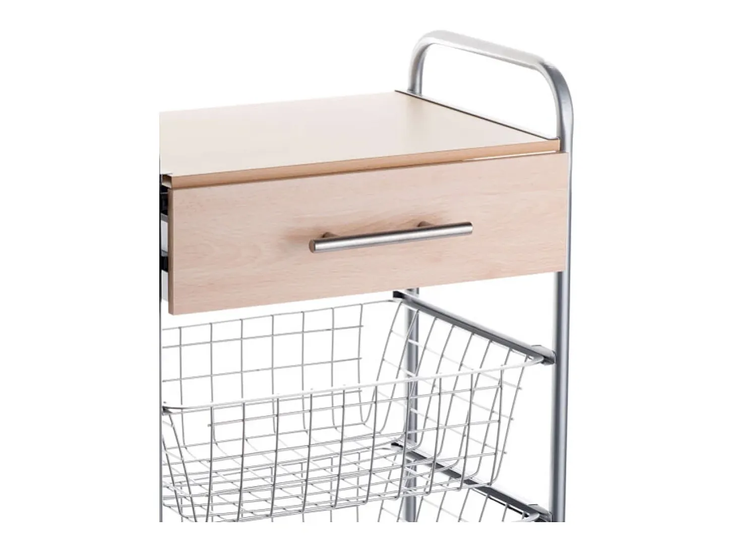 Carrito de cocina ALESIA – 3 cestas, 1 cajón y encimera color haya en acabado gris aluminio