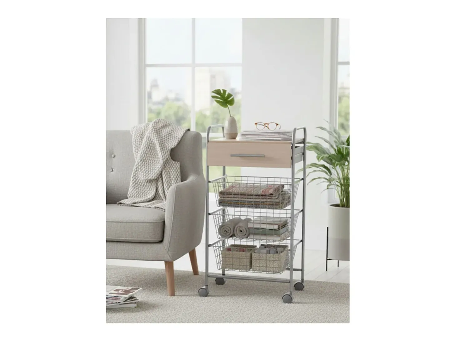 Carrito de cocina ALESIA – 3 cestas, 1 cajón y encimera color haya en acabado gris aluminio