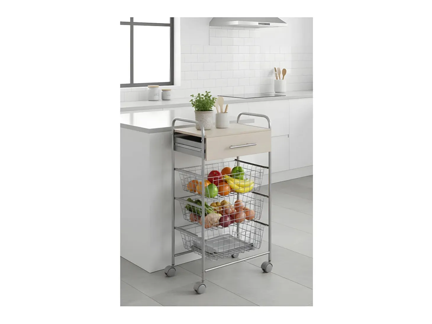 Carrito de cocina ALESIA – 3 cestas, 1 cajón y encimera color haya en acabado gris aluminio