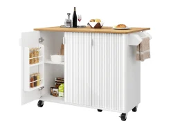 Carrito de cocina blanco con tapa abatible - Isla de cocina de 3 puertas con toallero - Estantes regulables