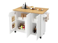Carrito de cocina blanco con tapa abatible - Isla de cocina de 3 puertas con toallero - Estantes regulables