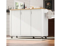 Carrito de cocina blanco con tapa abatible - Isla de cocina de 3 puertas con toallero - Estantes regulables