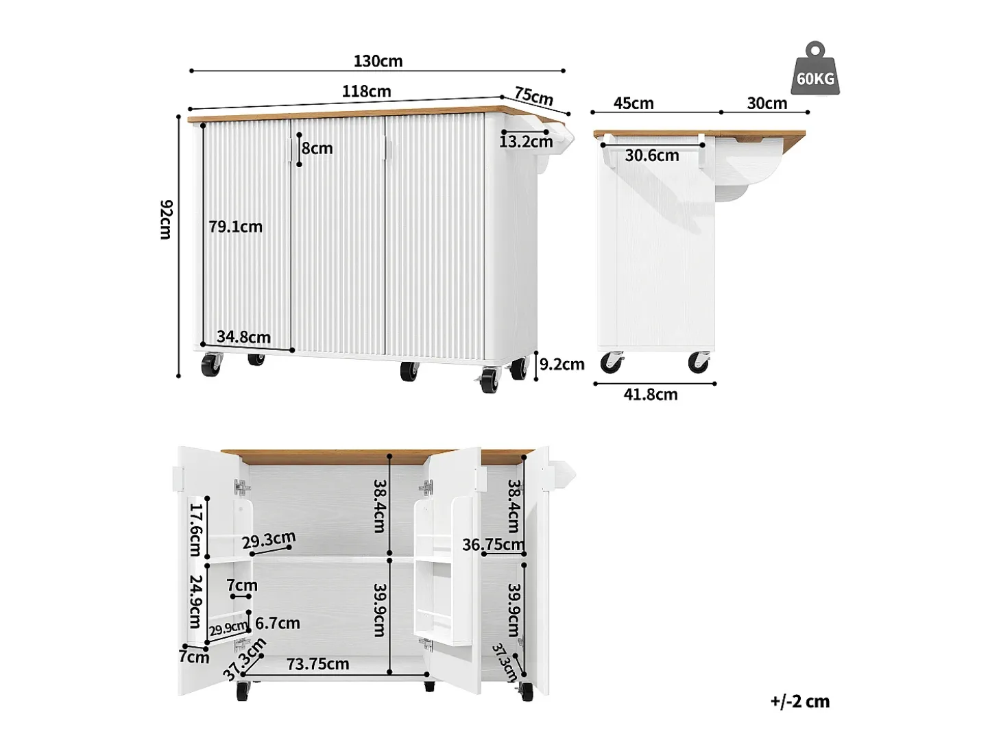 Carrito de cocina blanco con tapa abatible - Isla de cocina de 3 puertas con toallero - Estantes regulables
