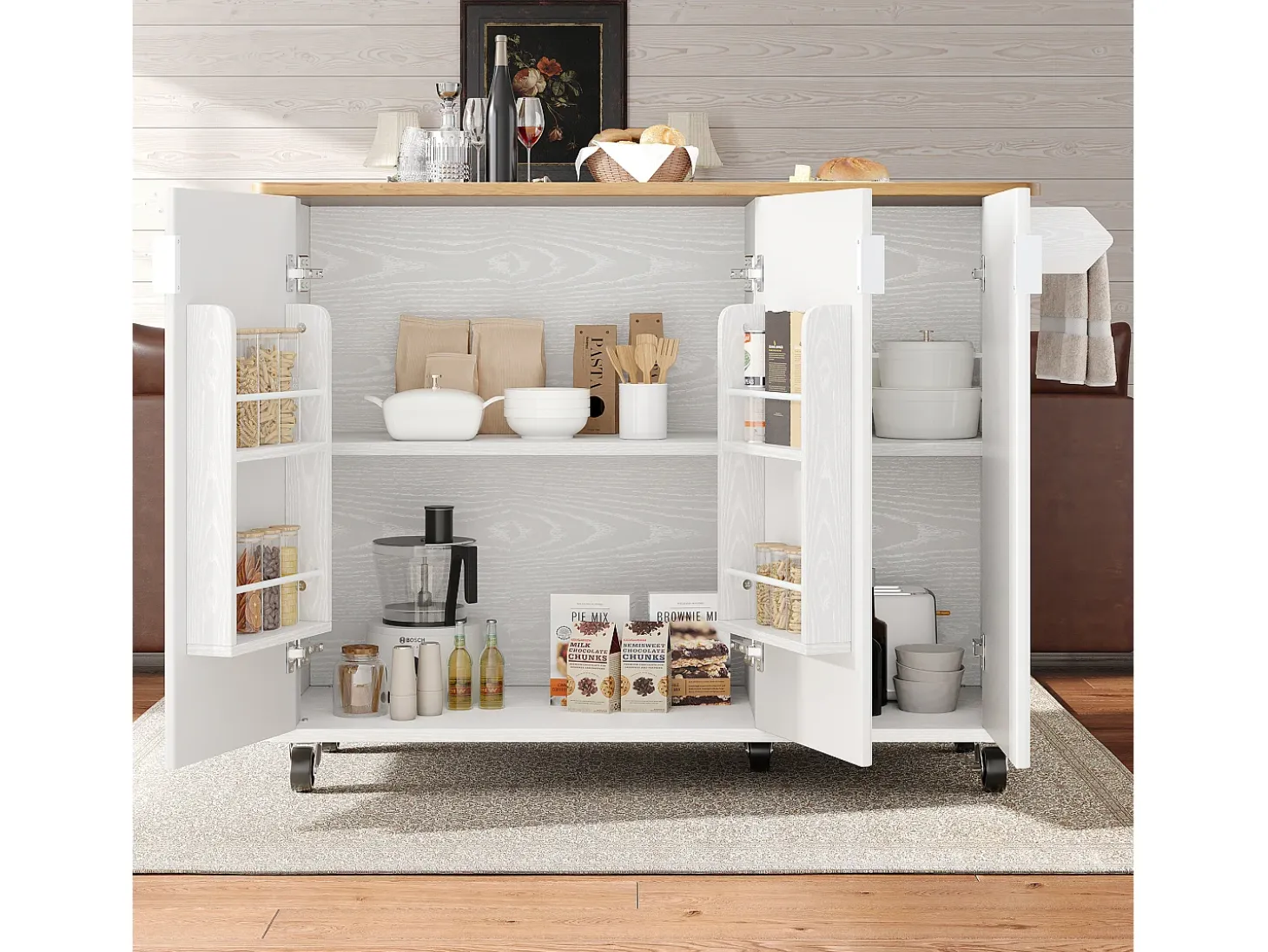 Carrito de cocina blanco con tapa abatible - Isla de cocina de 3 puertas con toallero - Estantes regulables