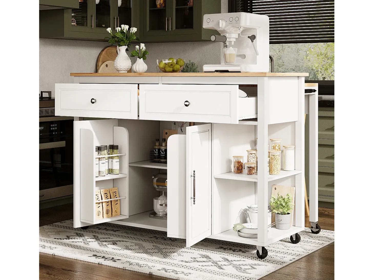 Carrito de cocina blanco con ruedas, nichos, 2 puertas y 2 cajones, tapa color natural