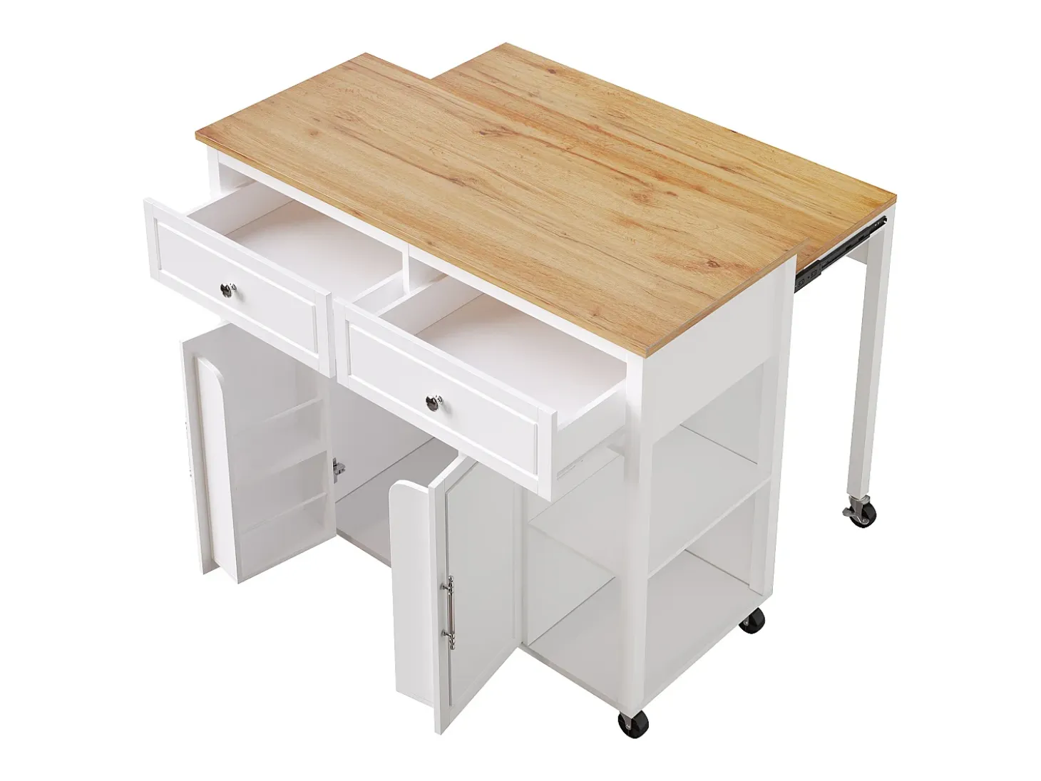 Carrito de cocina blanco con ruedas, nichos, 2 puertas y 2 cajones, tapa color natural