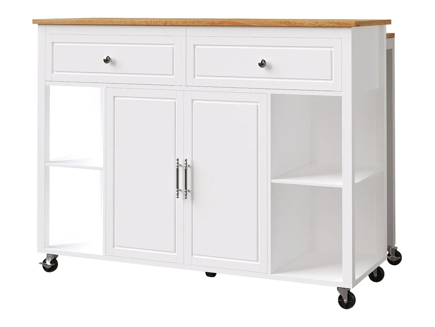 Carrito de cocina blanco con ruedas, nichos, 2 puertas y 2 cajones, tapa color natural