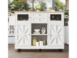 Carrito de cocina blanco con encimera de madera, toallero y estantes ajustables