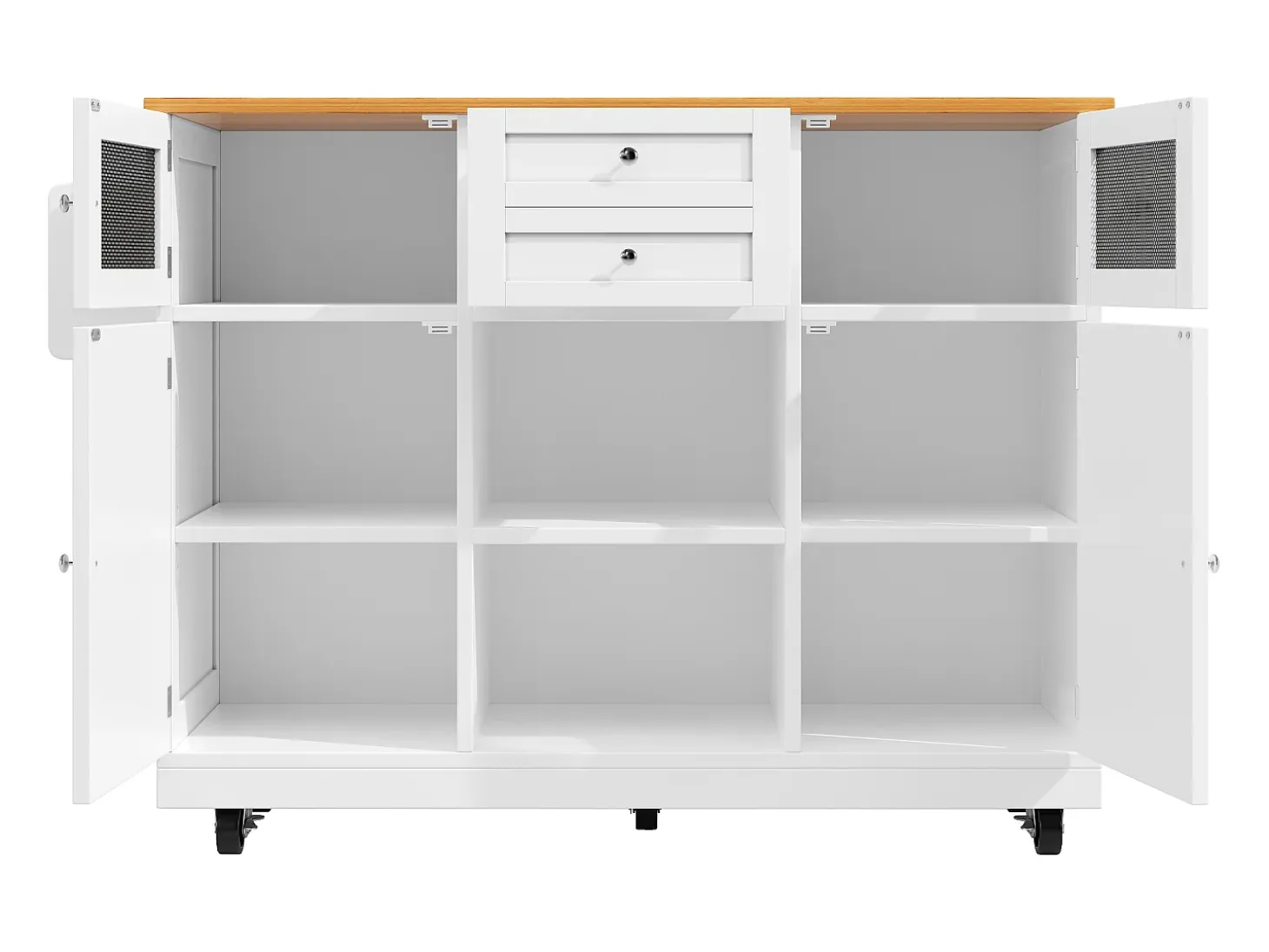 Carrito de cocina blanco con encimera de madera, toallero y estantes ajustables