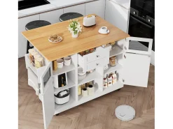 Carrito de cocina blanco con encimera de madera, toallero y estantes ajustables