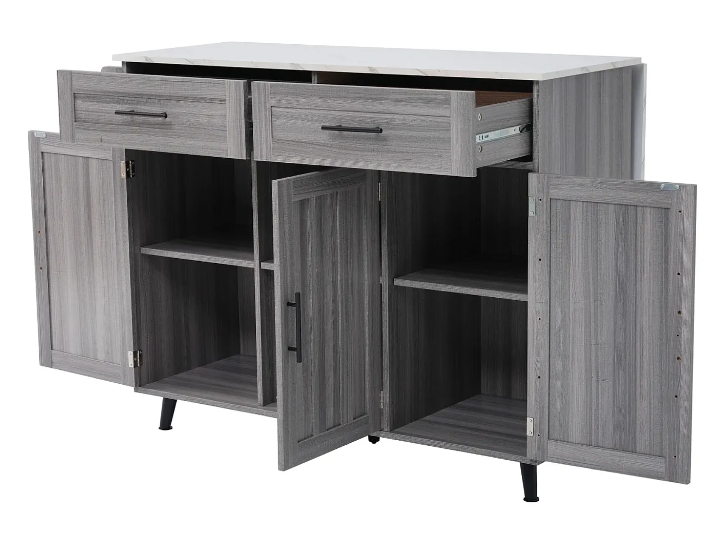 Carrito de cocina, Carrito de mesa 129x76x91,5cm, tapa abatible, estantes interiores, isla de cocina, blanco + gris caqui