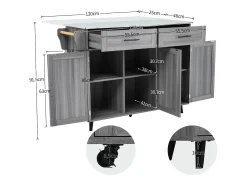 Carrito de cocina, Carrito de mesa 129x76x91,5cm, tapa abatible, estantes interiores, isla de cocina, blanco + gris caqui