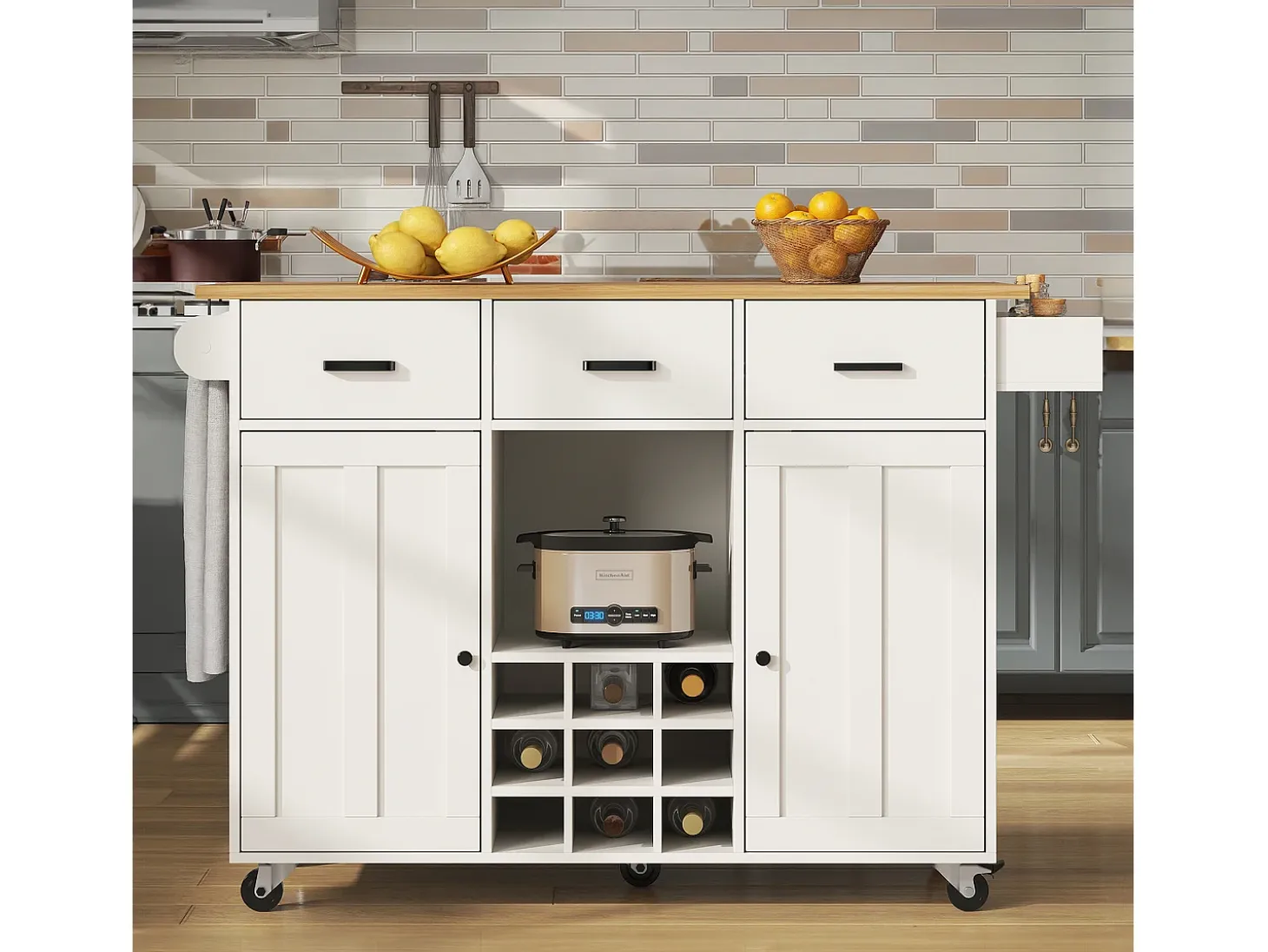 Carrito de cocina, carrito móvil con encimera, toallero y especiero, divisores regulables, blanco (104x39,5x91,5 cm)