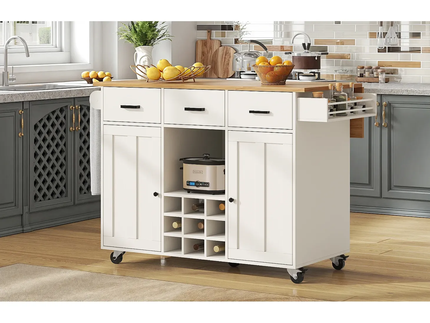 Carrito de cocina, carrito móvil con encimera, toallero y especiero, divisores regulables, blanco (104x39,5x91,5 cm)