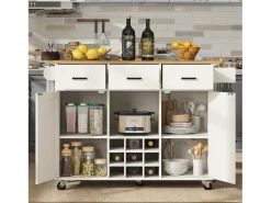 Carrito de cocina, carrito móvil con encimera, toallero y especiero, divisores regulables, blanco (104x39,5x91,5 cm)