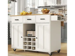 Carrito de cocina, carrito móvil con encimera, toallero y especiero, divisores regulables, blanco (104x39,5x91,5 cm)