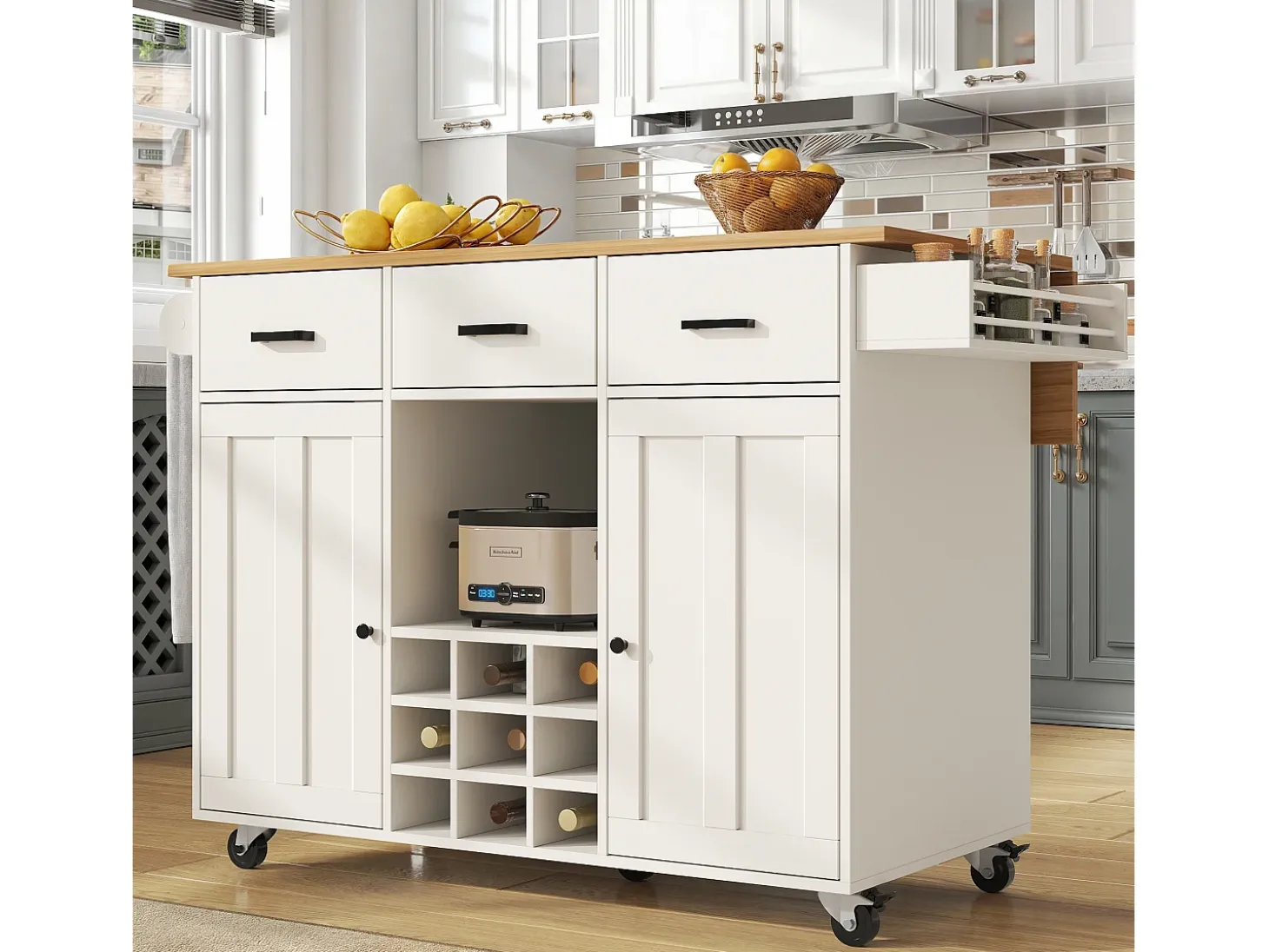 Carrito de cocina, carrito móvil con encimera, toallero y especiero, divisores regulables, blanco (104x39,5x91,5 cm)