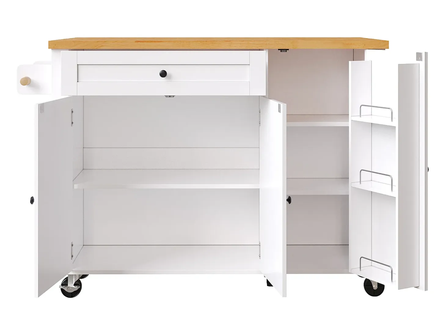 Carrito de cocina con 3 puertas, 1 cajón, toallero y especiero, diseño de mesa plegable, colores blanco y natural