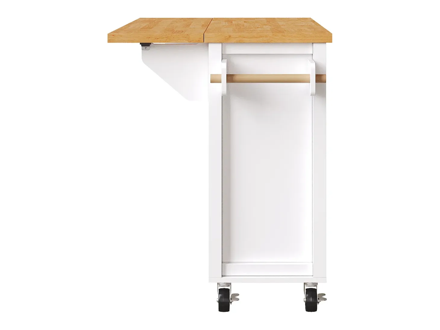 Carrito de cocina con 3 puertas, 1 cajón, toallero y especiero, diseño de mesa plegable, colores blanco y natural