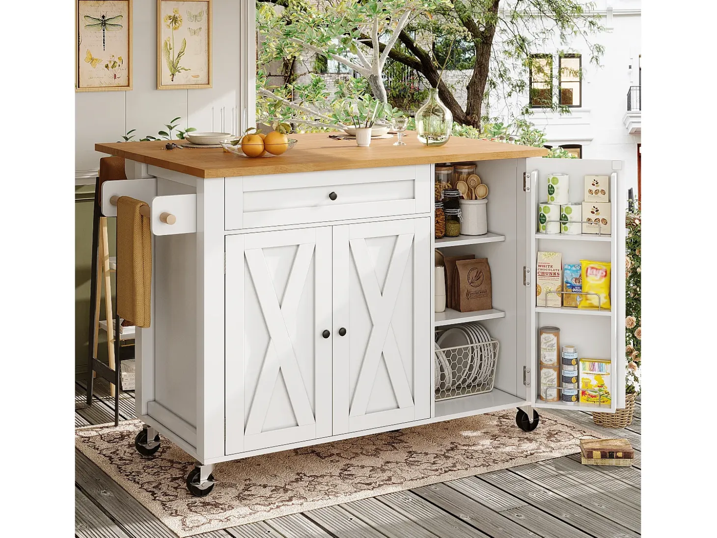 Carrito de cocina con 3 puertas, 1 cajón, toallero y especiero, diseño de mesa plegable, colores blanco y natural