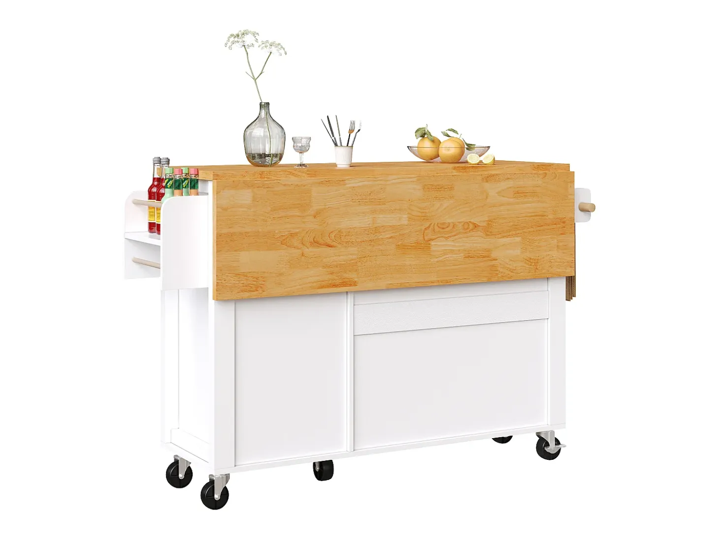 Carrito de cocina con 3 puertas, 1 cajón, toallero y especiero, diseño de mesa plegable, colores blanco y natural