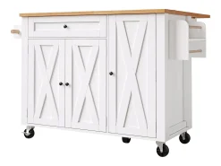Carrito de cocina con 3 puertas, 1 cajón, toallero y especiero, diseño de mesa plegable, colores blanco y natural