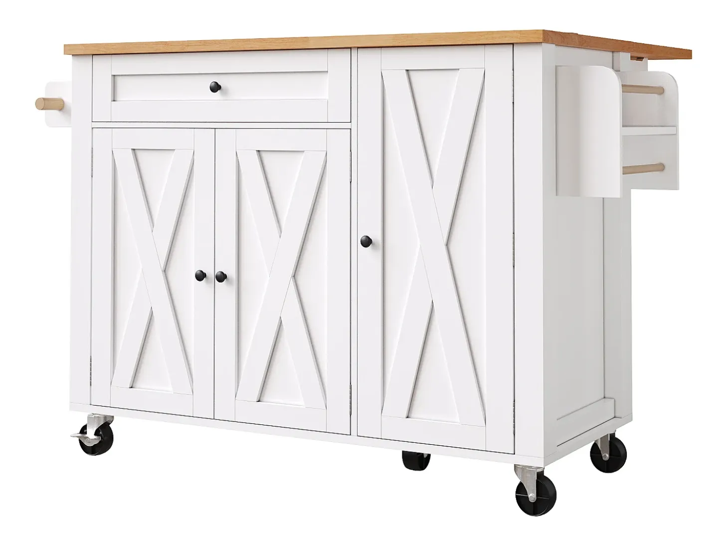 Carrito de cocina con 3 puertas, 1 cajón, toallero y especiero, diseño de mesa plegable, colores blanco y natural