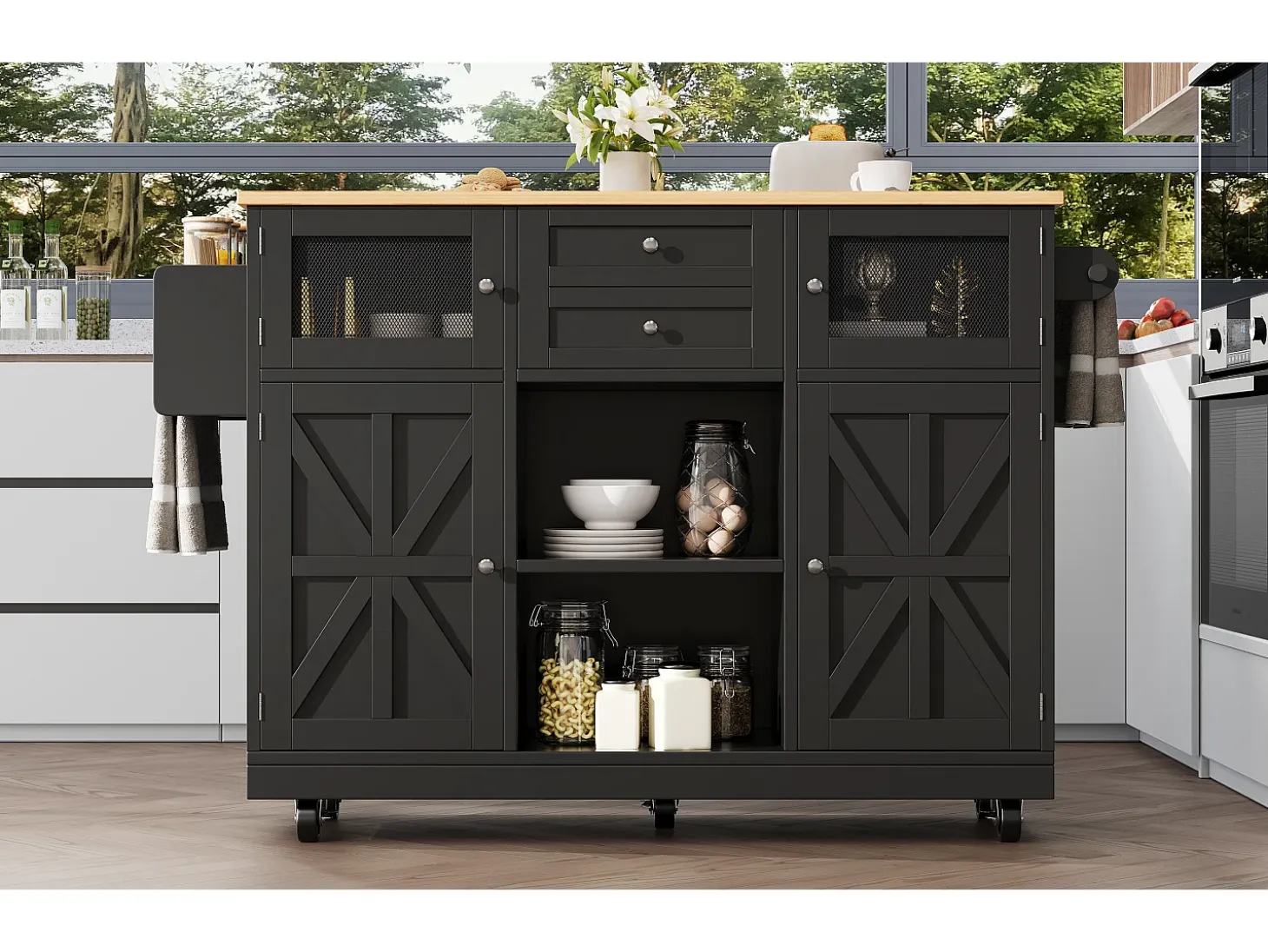 Carrito de cocina con encimera, mueble de comedor, toallero lateral, 140x40x93,5 cm, color negro