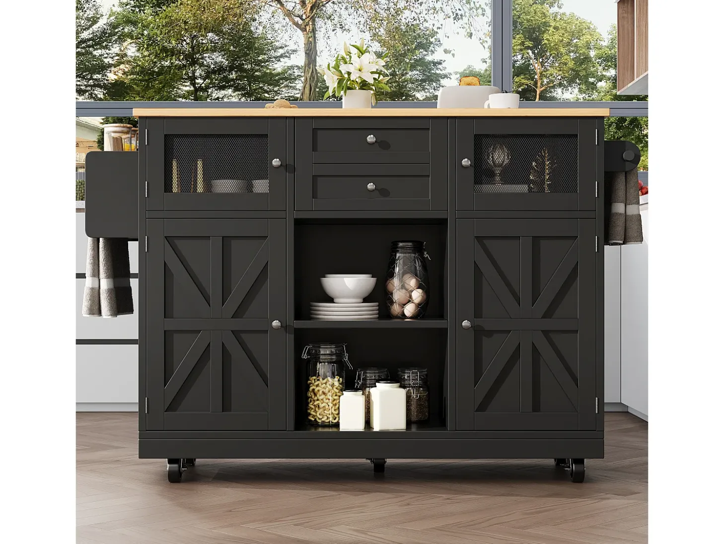 Carrito de cocina con encimera, mueble de comedor, toallero lateral, 140x40x93,5 cm, color negro