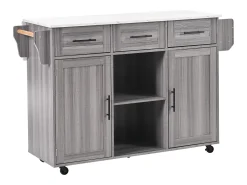 Carrito de cocina con ruedas con 3 cajones, 2 puertas y 2 nichos, tapa extensible chapada en mármol blanco, cuerpo gris