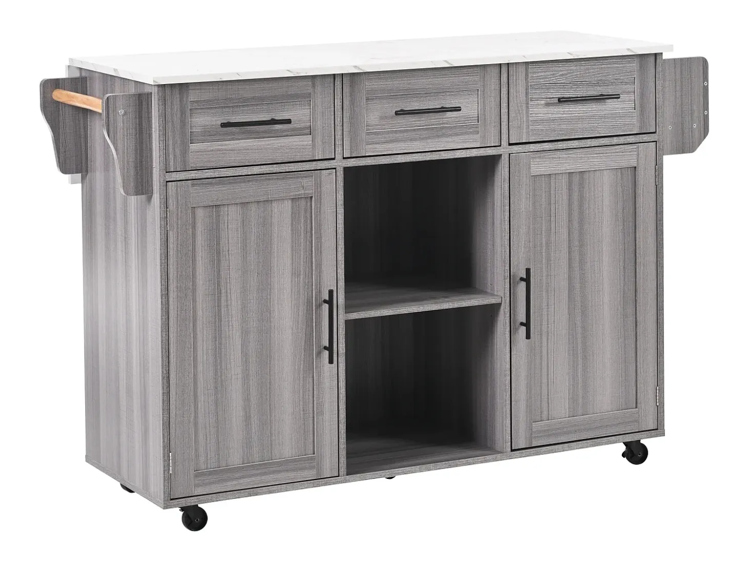 Carrito de cocina con ruedas con 3 cajones, 2 puertas y 2 nichos, tapa extensible chapada en mármol blanco, cuerpo gris