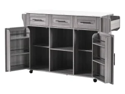 Carrito de cocina con ruedas con 3 cajones, 2 puertas y 2 nichos, tapa extensible chapada en mármol blanco, cuerpo gris