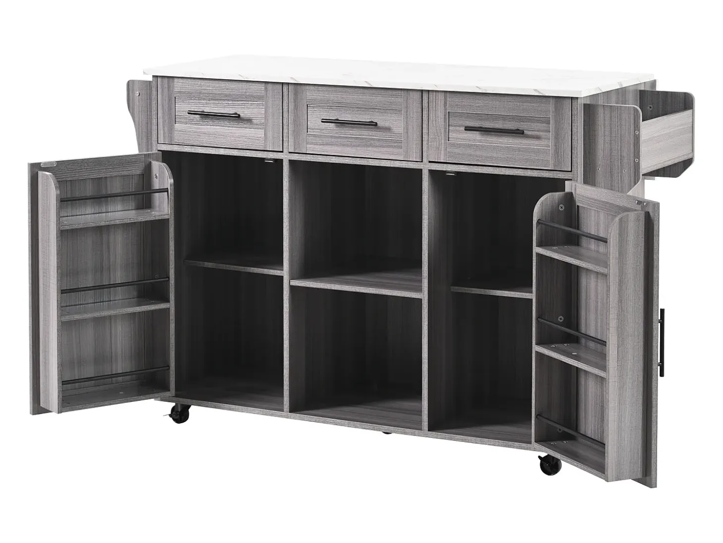 Carrito de cocina con ruedas con 3 cajones, 2 puertas y 2 nichos, tapa extensible chapada en mármol blanco, cuerpo gris