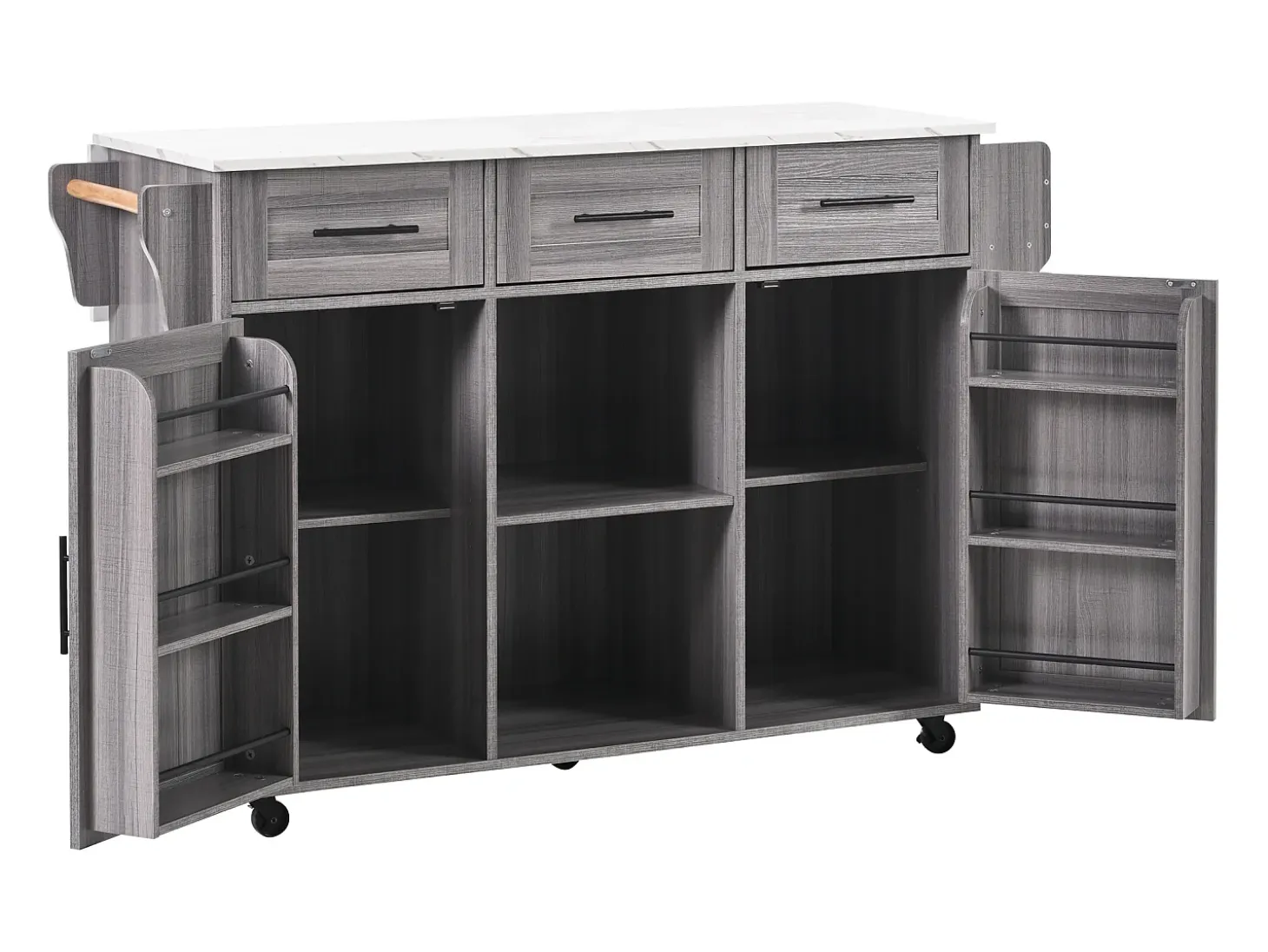 Carrito de cocina con ruedas con 3 cajones, 2 puertas y 2 nichos, tapa extensible chapada en mármol blanco, cuerpo gris