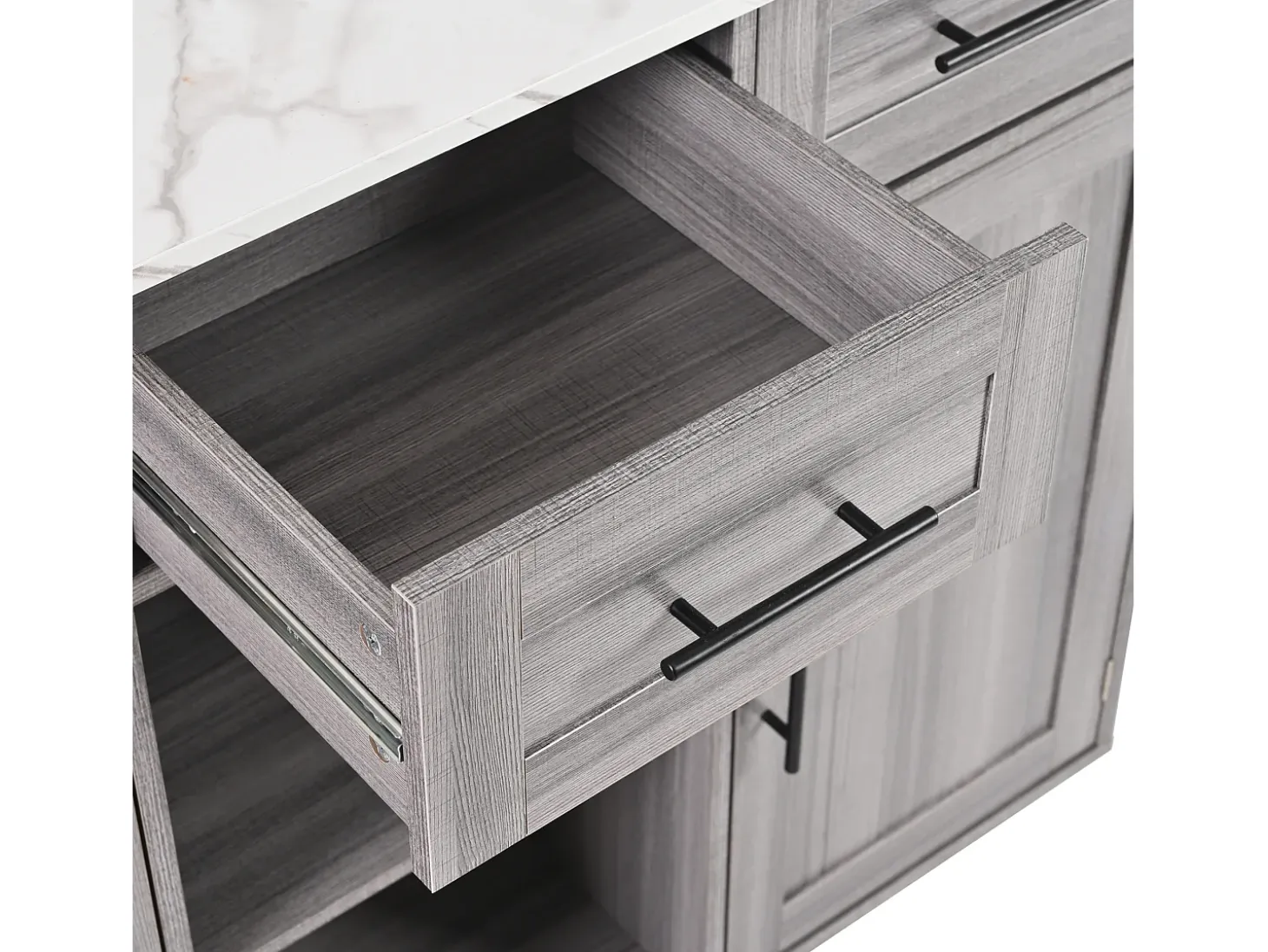 Carrito de cocina con ruedas con 3 cajones, 2 puertas y 2 nichos, tapa extensible chapada en mármol blanco, cuerpo gris