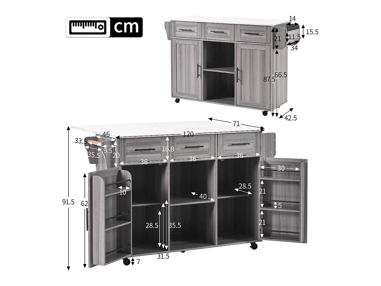 Carrito de cocina con ruedas con 3 cajones, 2 puertas y 2 nichos, tapa extensible chapada en mármol blanco, cuerpo gris