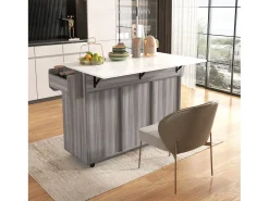 Carrito de cocina con ruedas con 3 cajones, 2 puertas y 2 nichos, tapa extensible chapada en mármol blanco, cuerpo gris