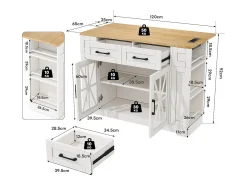 Carrito de cocina con ruedas con 2 cajones, 2 puertas de cristal y toma de corriente y puerto USB, tapa extensible imitación madera, cuerpo blanco