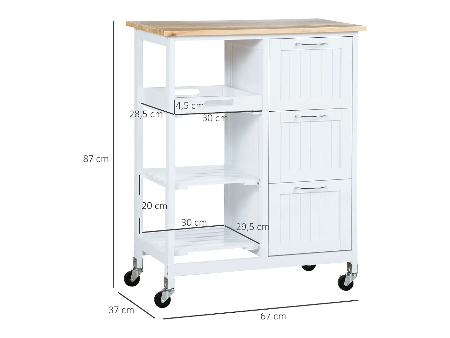 Carrito de cocina con ruedas con 3 cajones, 3 estantes, tablero de madera, MDF blanco (67x37x84cm)