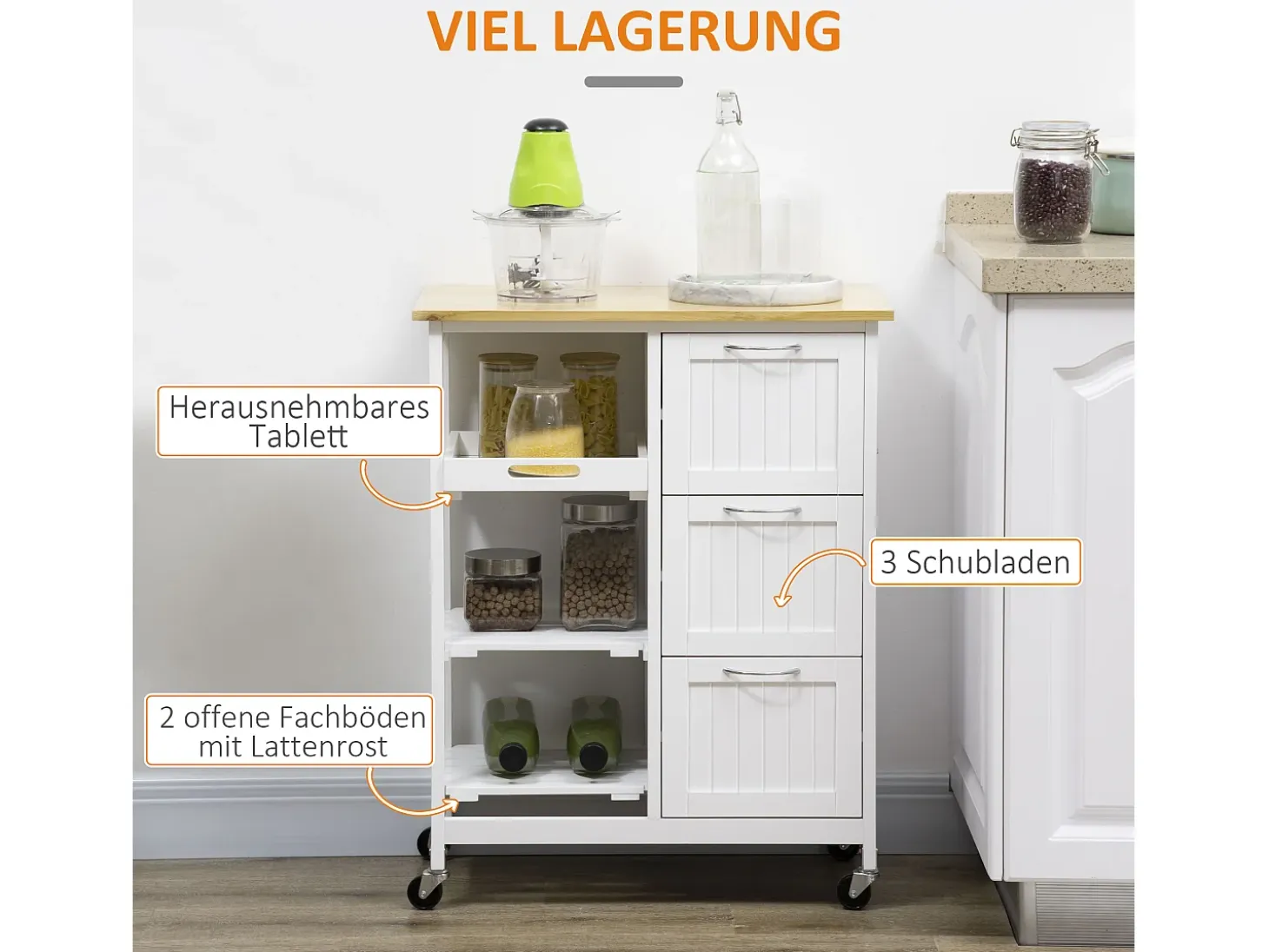 Carrito de cocina con ruedas con 3 cajones, 3 estantes, tablero de madera, MDF blanco (67x37x84cm)