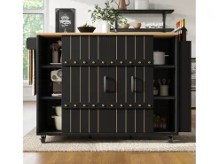 Carrito de cocina con ruedas y tapa extensible, 2 puertas correderas y 3 cajones, negro - 110x70x90cm