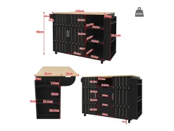 Carrito de cocina con ruedas y tapa extensible, 2 puertas correderas y 3 cajones, negro - 110x70x90cm