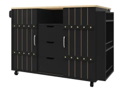 Carrito de cocina con ruedas y tapa extensible, 2 puertas correderas y 3 cajones, negro - 110x70x90cm
