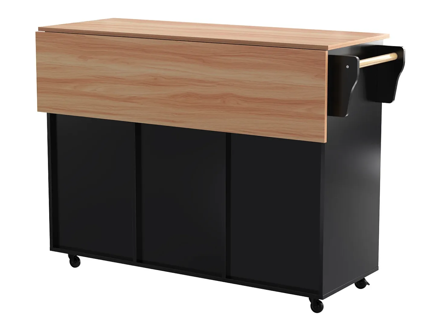 Carrito de cocina con ruedas con 2 cajones y 3 puertas, tapa extensible en acabado madera, color negro