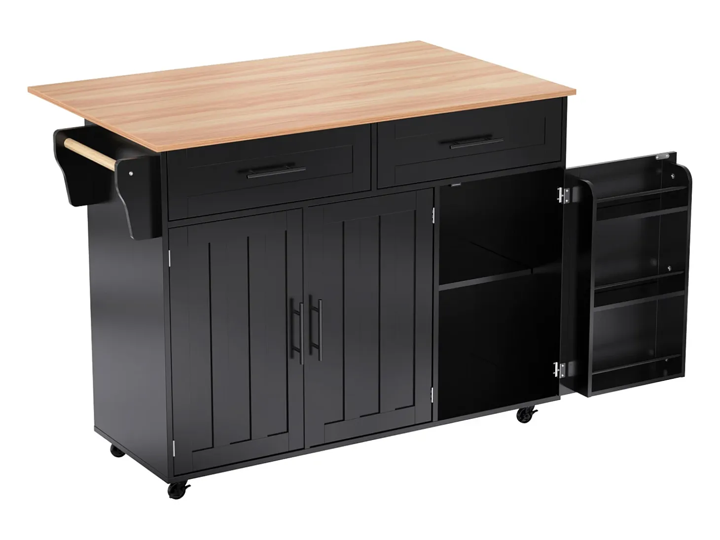 Carrito de cocina con ruedas con 2 cajones y 3 puertas, tapa extensible en acabado madera, color negro