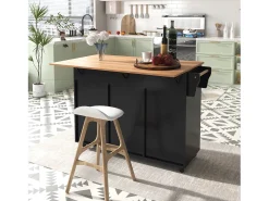 Carrito de cocina con ruedas con 2 cajones y 3 puertas, tapa extensible en acabado madera, color negro