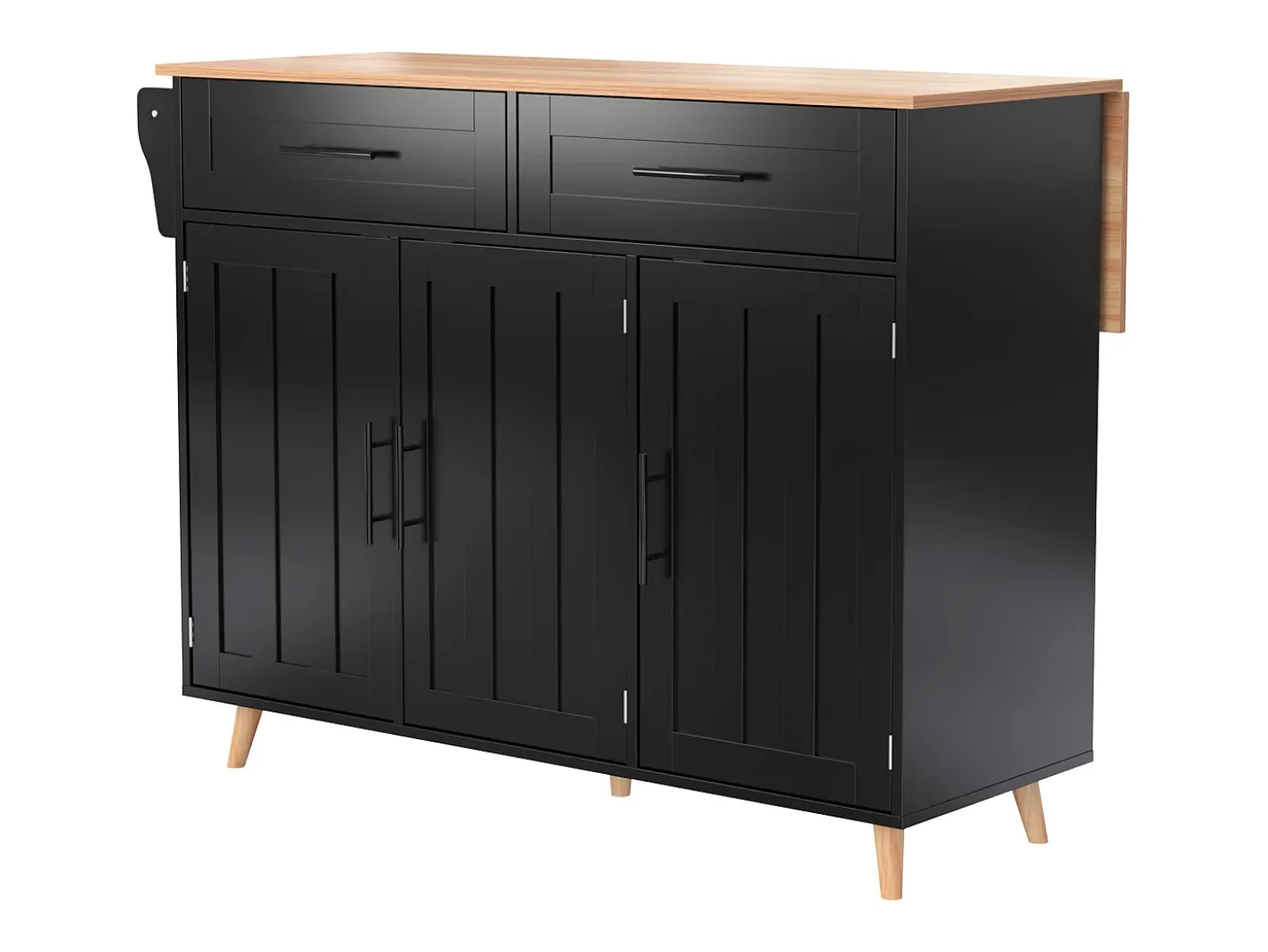 Carrito de cocina con ruedas con 2 cajones y 3 puertas, tapa extensible en acabado madera, color negro