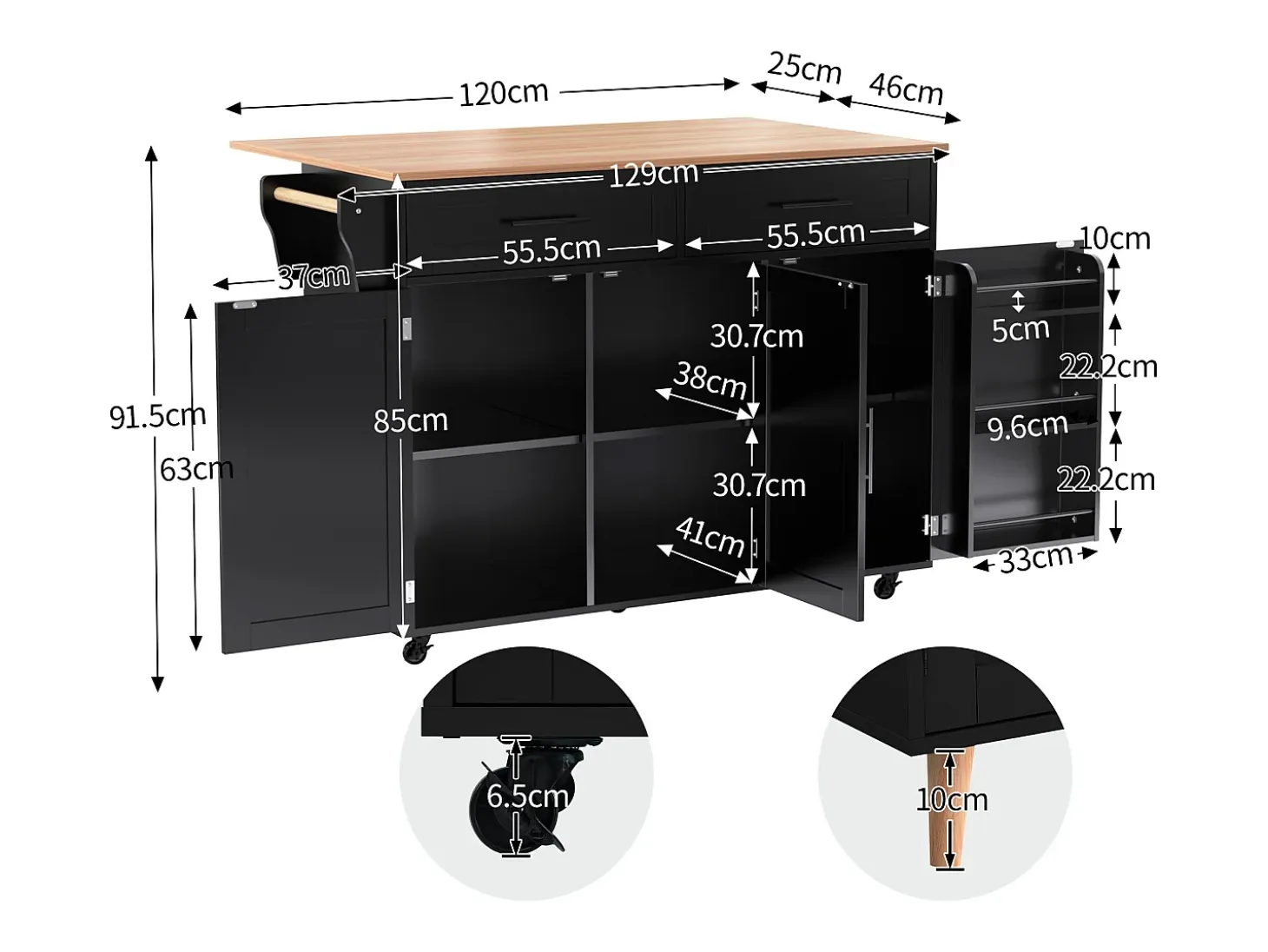 Carrito de cocina con ruedas con 2 cajones y 3 puertas, tapa extensible en acabado madera, color negro