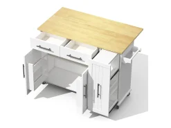 Carrito de cocina con ruedas con 2 cajones, 2 puertas y estantes interiores, tapa extensible en acabado madera, color blanco.