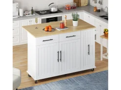 Carrito de cocina con ruedas con 2 cajones, 2 puertas y estantes interiores, tapa extensible en acabado madera, color blanco.